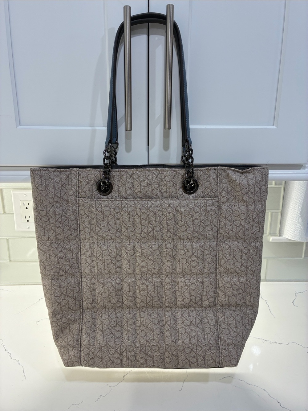 Calvin Klein Taupe Monogram Tote Bag with Chain-Detail Handles